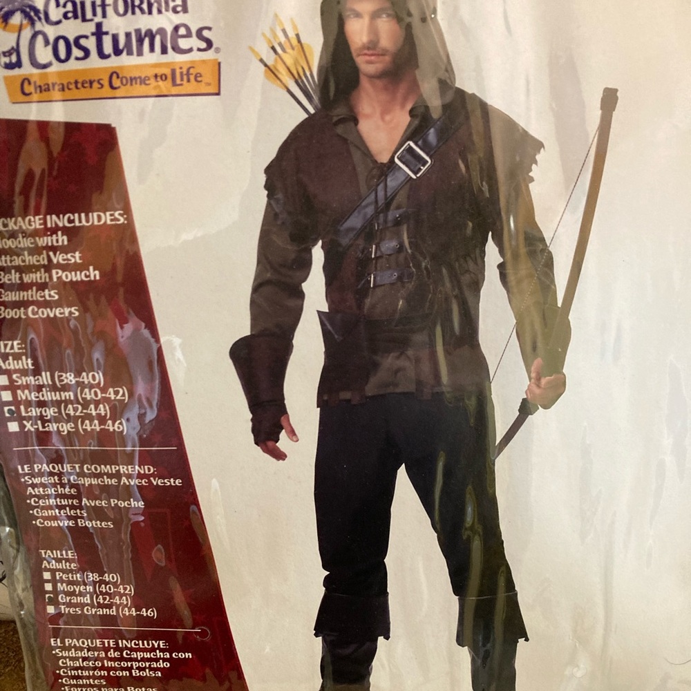 Robin Hood Costume - Size L - Hoodie/vest, Belt w/pouch, Gauntlets,  Boot covers